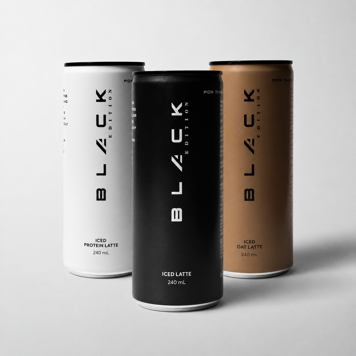 The Black Edition iced coffee mix pack with Iced Latte, Iced Oat Latte and Iced Protein Latte