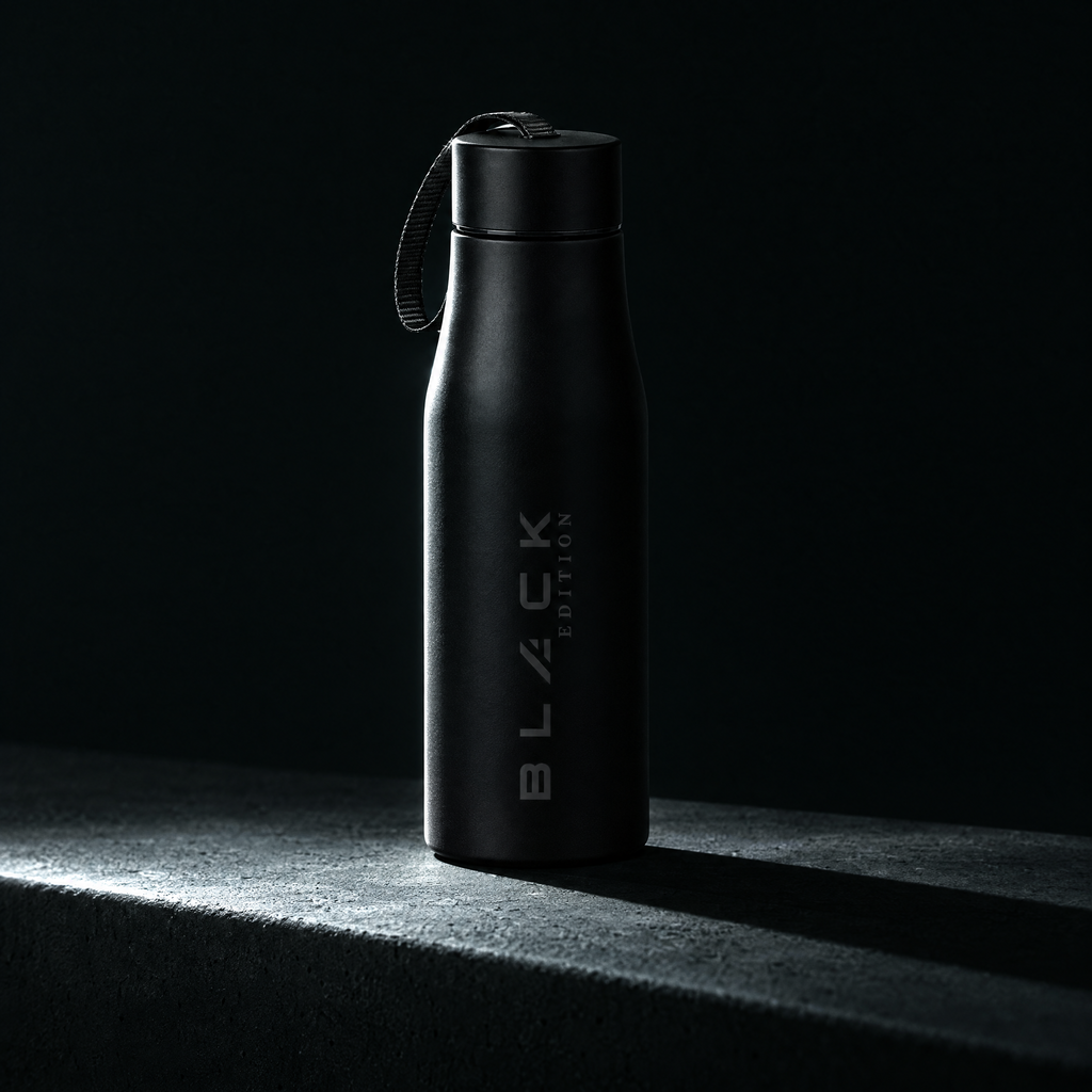 The Black Edition stainless bottle in matte black, standing on a concrete ledge in hard side light, engraved wordmark running vertically up the body.